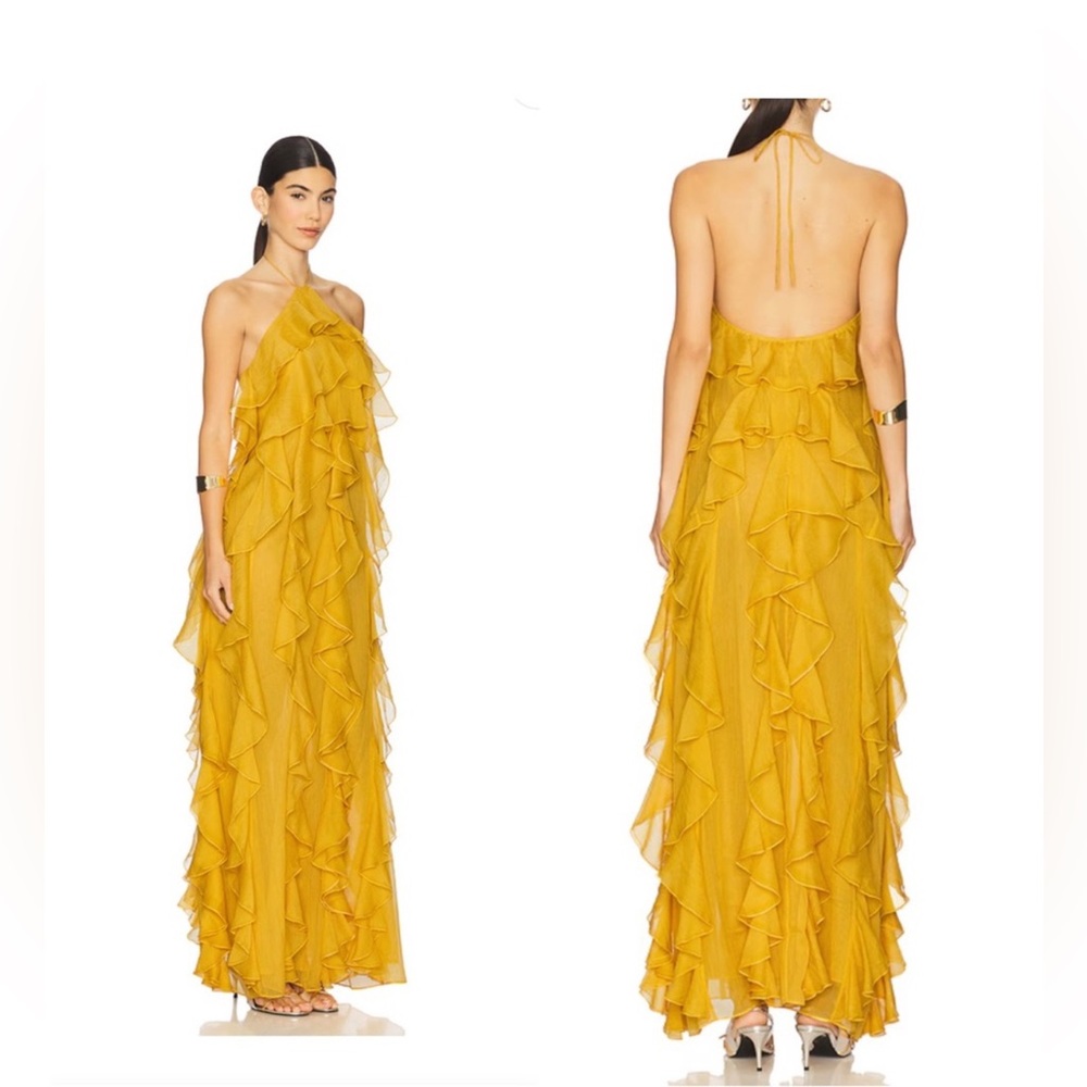 Ronny Kobo Collection Liora Yellow Ruffle Sheer Maxi Dress